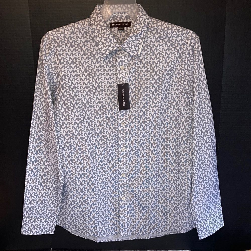 Michael Kors Graphic Logo Mens Long Sleeve Button Down Dress Shirt Size L